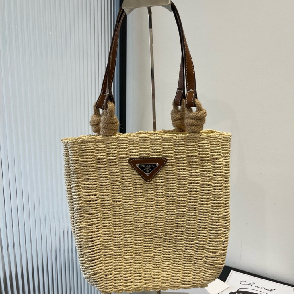 Prada Woven Straw Leather Handle Tote Bucket Bag
